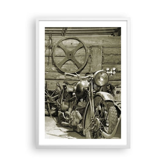 Obraz - Plakat - W szopie wuja Władka - 50x70cm - Motocykl Warsztat Samochodowy Vintage - Nowoczesny modny obraz Plakat rama biała ARTTOR ARTTOR