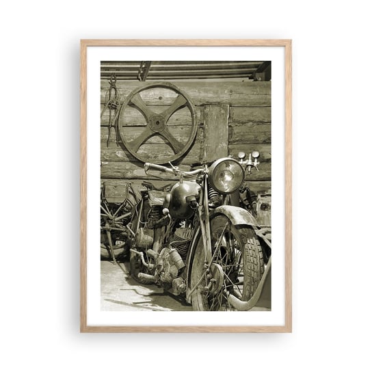 Obraz - Plakat - W szopie wuja Władka - 50x70cm - Motocykl Warsztat Samochodowy Vintage - Nowoczesny modny obraz Plakat rama jasny dąb ARTTOR ARTTOR