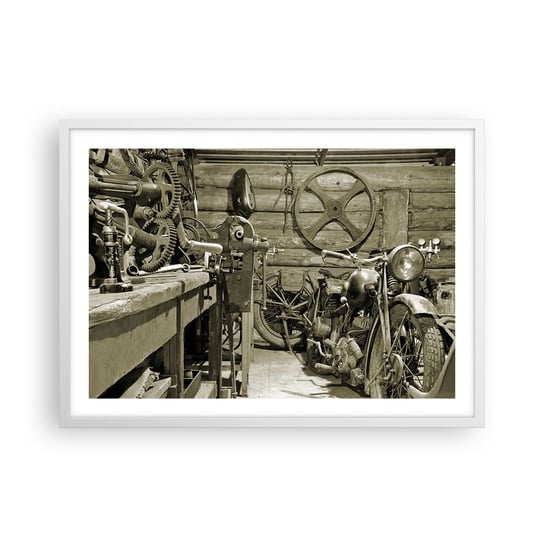 Obraz - Plakat - W szopie wuja Władka - 70x50cm - Motocykl Warsztat Samochodowy Vintage - Nowoczesny modny obraz Plakat rama biała ARTTOR ARTTOR