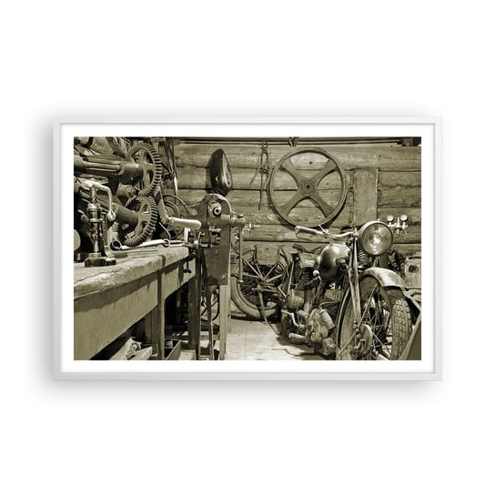 Obraz - Plakat - W szopie wuja Władka - 91x61cm - Motocykl Warsztat Samochodowy Vintage - Foto Plakaty na ścianę w ramie białej - Plakat do Salonu Sypialni ARTTOR ARTTOR