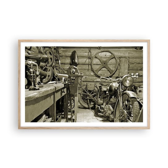 Obraz - Plakat - W szopie wuja Władka - 91x61cm - Motocykl Warsztat Samochodowy Vintage - Foto Plakaty na ścianę w ramie jasny dąb - Plakat do Salonu Sypialni ARTTOR ARTTOR