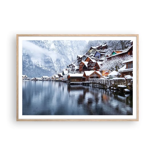 Obraz - Plakat - W zimowej dekoracji - 100x70cm - Krajobraz Osada Górska Zima - Foto Plakaty w ramie koloru jasny dąb do Salonu Sypialni ARTTOR ARTTOR