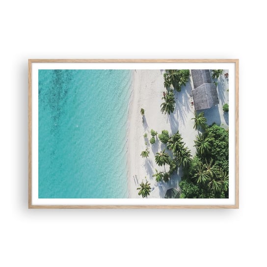 Obraz - Plakat - Wakacje w raju - 100x70cm - Krajobraz Rajska Plaża Malediwy - Foto Plakaty w ramie koloru jasny dąb do Salonu Sypialni ARTTOR ARTTOR