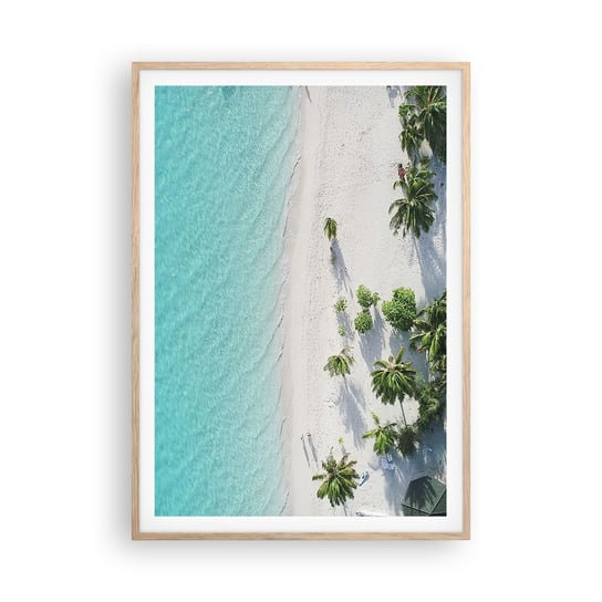 Obraz - Plakat - Wakacje w raju - 70x100cm - Krajobraz Rajska Plaża Malediwy - Foto Plakaty w ramie koloru jasny dąb do Salonu Sypialni ARTTOR ARTTOR