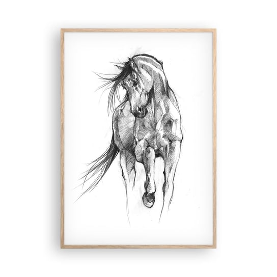 Obraz - Plakat - We wdzięcznym kłusie - 70x100cm - Koń Grafika Zwierzęta - Foto Plakaty w ramie koloru jasny dąb do Salonu Sypialni ARTTOR ARTTOR
