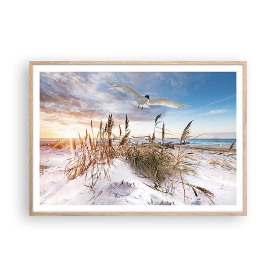 Obraz - Plakat - Wiatr od morza - 100x70cm - Morze Plaża Wydma - Foto Plakaty w ramie koloru jasny dąb do Salonu Sypialni ARTTOR ARTTOR