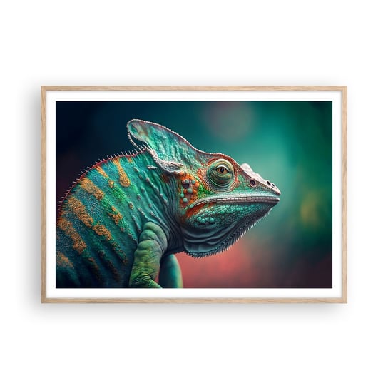 Obraz - Plakat - Widzisz mnie? Niedobrze… - 100x70cm - Kameleon Zwierzęta Gad - Foto Plakaty w ramie koloru jasny dąb do Salonu Sypialni ARTTOR ARTTOR