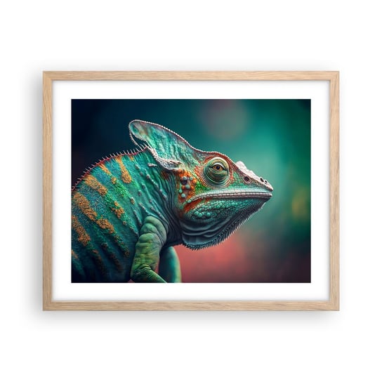 Obraz - Plakat - Widzisz mnie? Niedobrze… - 50x40cm - Kameleon Zwierzęta Gad - Foto Plakaty w ramie koloru jasny dąb do Salonu Sypialni ARTTOR ARTTOR