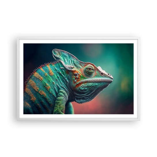 Obraz - Plakat - Widzisz mnie? Niedobrze… - 91x61cm - Kameleon Zwierzęta Gad - Foto Plakaty na ścianę w ramie białej - Plakat do Salonu Sypialni ARTTOR ARTTOR