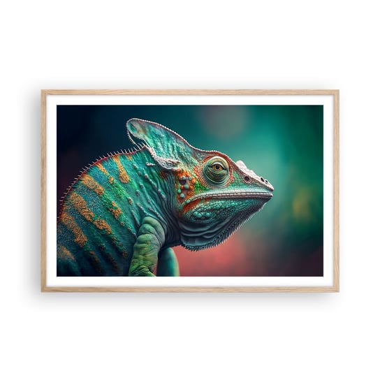 Obraz - Plakat - Widzisz mnie? Niedobrze… - 91x61cm - Kameleon Zwierzęta Gad - Foto Plakaty na ścianę w ramie jasny dąb - Plakat do Salonu Sypialni ARTTOR ARTTOR