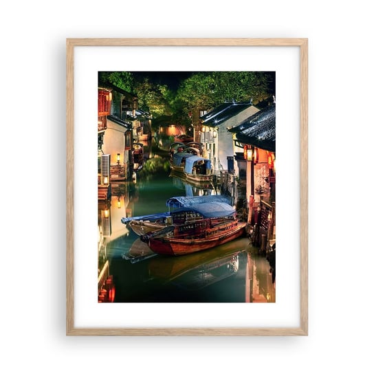 Obraz - Plakat - Wieczór na chińskiej ulicy - 40x50cm - Krajobraz Miasto Azja - Foto Plakaty w ramie koloru jasny dąb do Salonu Sypialni ARTTOR ARTTOR