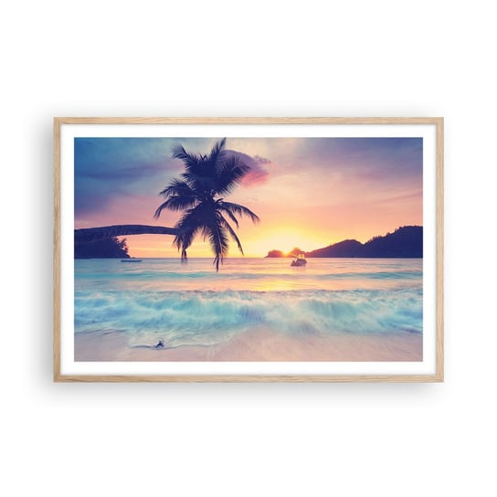 Obraz - Plakat - Wieczór w zatoce - 91x61cm - Krajobraz Palma Kokosowa Morze - Foto Plakaty na ścianę w ramie jasny dąb - Plakat do Salonu Sypialni ARTTOR ARTTOR
