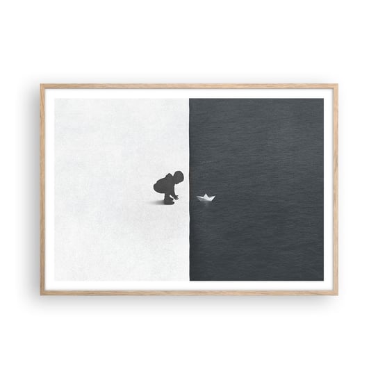 Obraz - Plakat - Wielka wyprawa - 100x70cm - Dziecko Czarno-Biały Woda - Foto Plakaty w ramie koloru jasny dąb do Salonu Sypialni ARTTOR ARTTOR