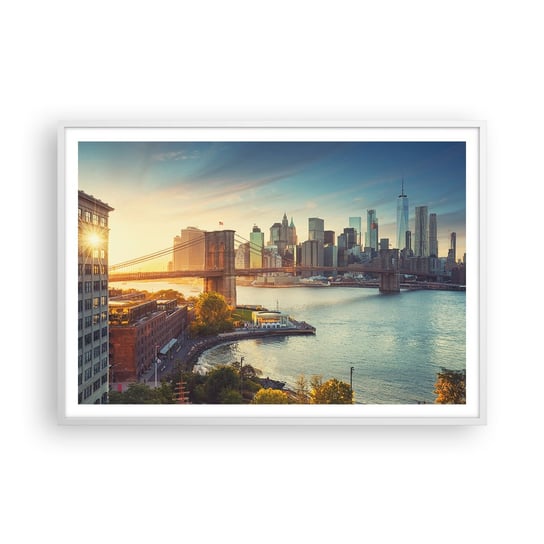 Obraz - Plakat - Wielkomiejski świt - 100x70cm - Nowy Jork Miasto Most Brookliński - Foto Plakaty w ramie koloru białego do Salonu Sypialni ARTTOR ARTTOR