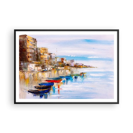 Obraz - Plakat - Wielobarwna miejska przystań - 100x70cm - Pejzaż Port Nadmorski - Foto Plakaty w ramie koloru czarnego do Salonu Sypialni ARTTOR ARTTOR