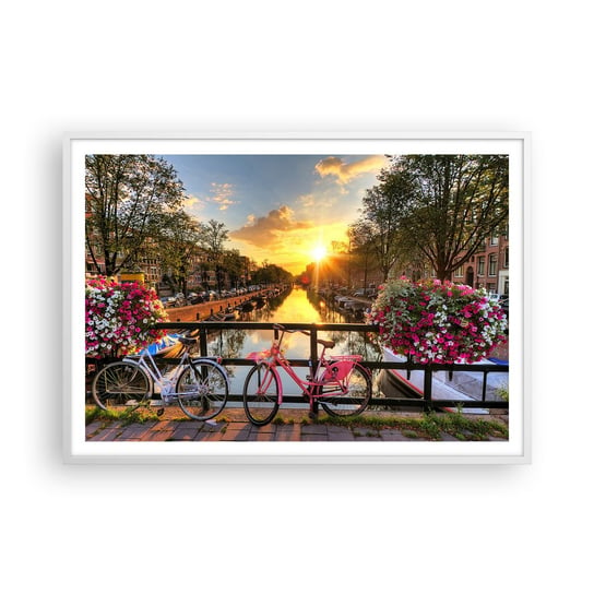 Obraz - Plakat - Wiosenny poranek w Amsterdamie - 100x70cm - Miasto Amsterdam Architektura - Foto Plakaty w ramie koloru białego do Salonu Sypialni ARTTOR ARTTOR