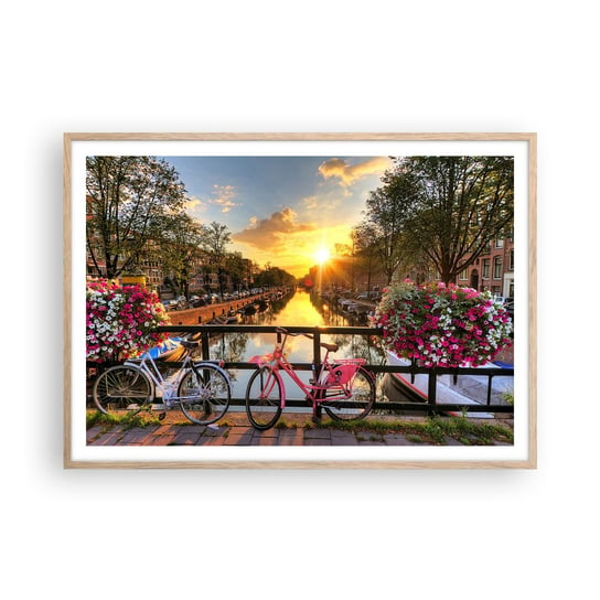 Obraz - Plakat - Wiosenny poranek w Amsterdamie - 100x70cm - Miasto Amsterdam Architektura - Foto Plakaty w ramie koloru jasny dąb do Salonu Sypialni ARTTOR ARTTOR