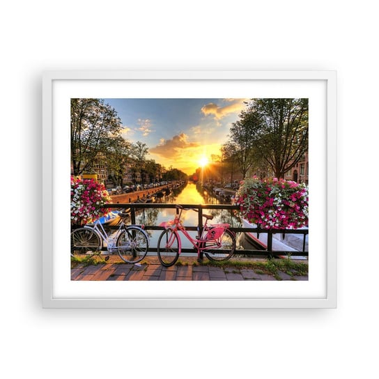 Obraz - Plakat - Wiosenny poranek w Amsterdamie - 50x40cm - Miasto Amsterdam Architektura - Foto Plakaty w ramie koloru białego do Salonu Sypialni ARTTOR ARTTOR