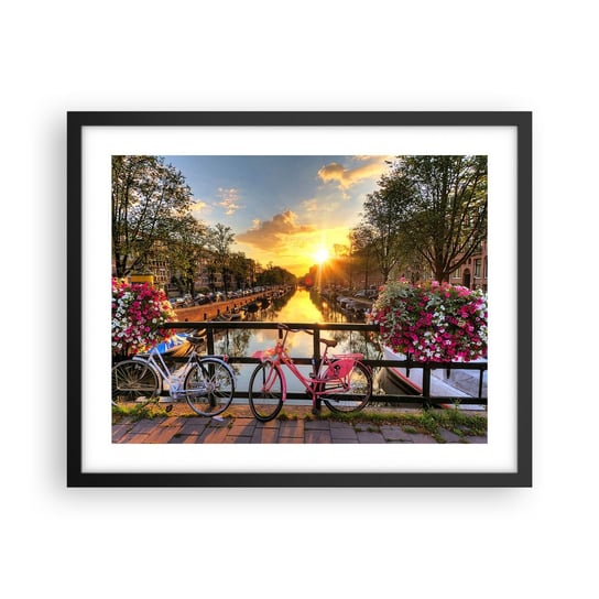Obraz - Plakat - Wiosenny poranek w Amsterdamie - 50x40cm - Miasto Amsterdam Architektura - Foto Plakaty w ramie koloru czarnego do Salonu Sypialni ARTTOR ARTTOR