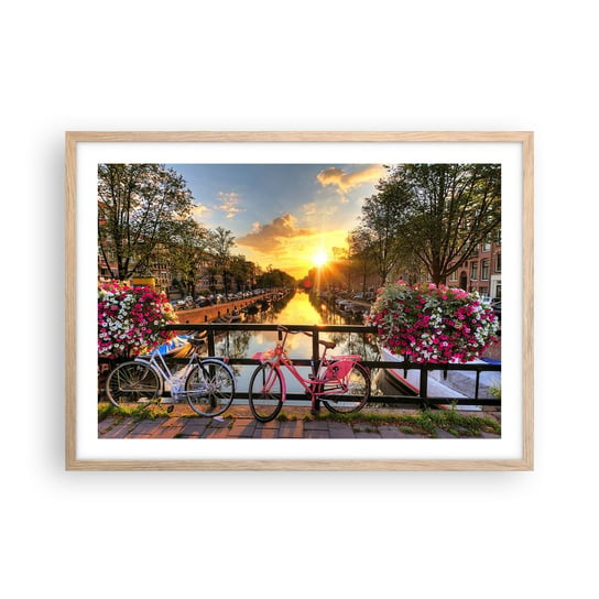 Obraz - Plakat - Wiosenny poranek w Amsterdamie - 70x50cm - Miasto Amsterdam Architektura - Nowoczesny modny obraz Plakat rama jasny dąb ARTTOR ARTTOR
