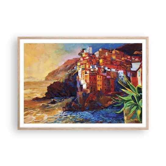 Obraz - Plakat - Włoskie klimaty - 100x70cm - Krajobraz Architektura Morskie Wybrzeże - Foto Plakaty w ramie koloru jasny dąb do Salonu Sypialni ARTTOR ARTTOR
