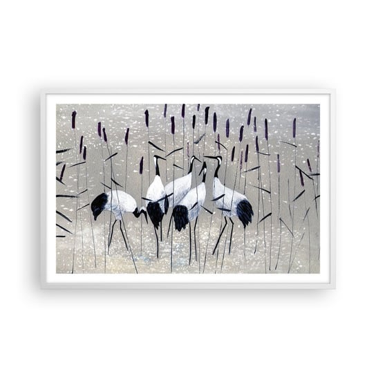 Obraz - Plakat - Wśród swoich - 91x61cm - Żuraw Ptak Natura - Foto Plakaty na ścianę w ramie białej - Plakat do Salonu Sypialni ARTTOR ARTTOR