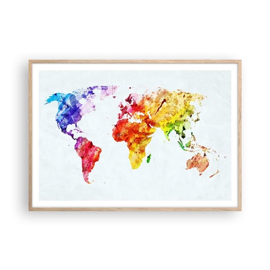 Obraz - Plakat - Wszystkie barwy świata - 100x70cm - Mapa Świata Grafika Kontynenty - Foto Plakaty w ramie koloru jasny dąb do Salonu Sypialni ARTTOR ARTTOR