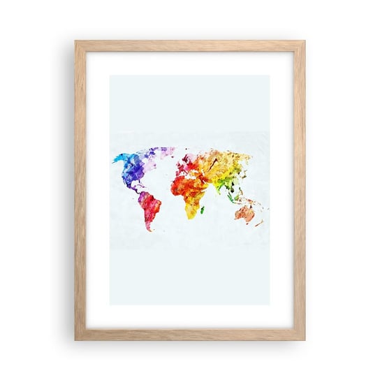 Obraz - Plakat - Wszystkie barwy świata - 30x40cm - Mapa Świata Grafika Kontynenty - Foto Plakaty na ścianę w ramie jasny dąb - Plakat do Salonu Sypialni ARTTOR ARTTOR