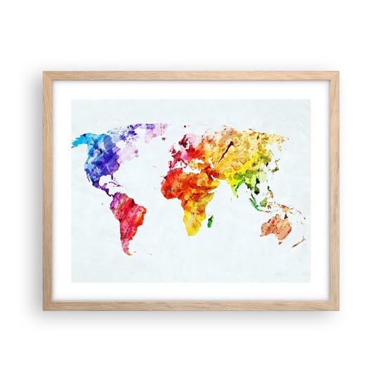Obraz - Plakat - Wszystkie barwy świata - 50x40cm - Mapa Świata Grafika Kontynenty - Foto Plakaty w ramie koloru jasny dąb do Salonu Sypialni ARTTOR ARTTOR