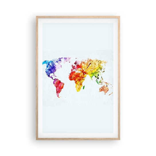 Obraz - Plakat - Wszystkie barwy świata - 61x91cm - Mapa Świata Grafika Kontynenty - Foto Plakaty na ścianę w ramie jasny dąb - Plakat do Salonu Sypialni ARTTOR ARTTOR