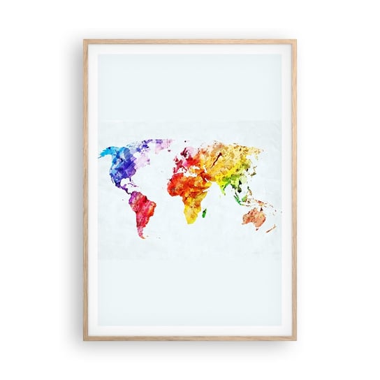 Obraz - Plakat - Wszystkie barwy świata - 70x100cm - Mapa Świata Grafika Kontynenty - Foto Plakaty w ramie koloru jasny dąb do Salonu Sypialni ARTTOR ARTTOR