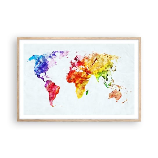 Obraz - Plakat - Wszystkie barwy świata - 91x61cm - Mapa Świata Grafika Kontynenty - Foto Plakaty na ścianę w ramie jasny dąb - Plakat do Salonu Sypialni ARTTOR ARTTOR