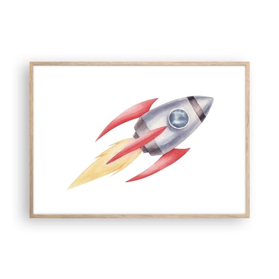 Obraz - Plakat - Wyżej, prędzej, dalej - 100x70cm - Rakieta Kosmiczna Dziecięcy Kosmos - Foto Plakaty w ramie koloru jasny dąb do Salonu Sypialni ARTTOR ARTTOR