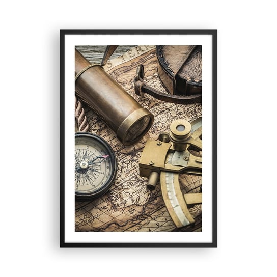 Obraz - Plakat - Wyznacz kurs - 50x70cm - Marynistyczne Mapa Świata Kompas - Nowoczesny modny obraz Plakat czarna rama ARTTOR ARTTOR