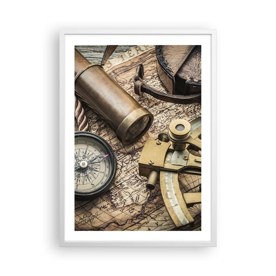 Obraz - Plakat - Wyznacz kurs - 50x70cm - Marynistyczne Mapa Świata Kompas - Nowoczesny modny obraz Plakat rama biała ARTTOR ARTTOR