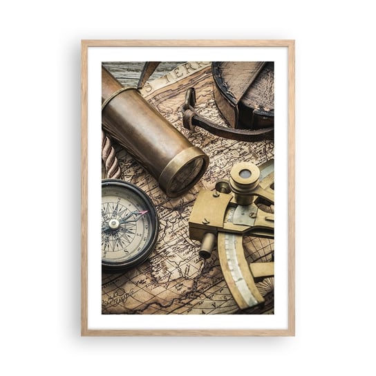 Obraz - Plakat - Wyznacz kurs - 50x70cm - Marynistyczne Mapa Świata Kompas - Nowoczesny modny obraz Plakat rama jasny dąb ARTTOR ARTTOR