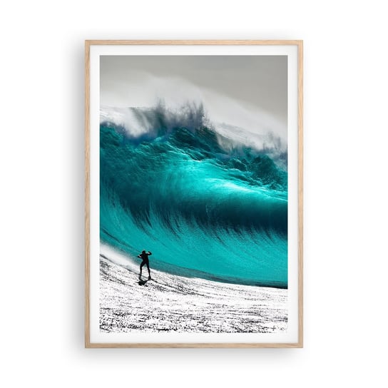 Obraz - Plakat - Wyzwanie przyjęte - 70x100cm - Surfing Wysoka Fala Surfer - Foto Plakaty w ramie koloru jasny dąb do Salonu Sypialni ARTTOR ARTTOR