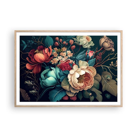 Obraz - Plakat - XIX-wieczny czar - 100x70cm - Kwiaty Shabby Chic Klasyczny - Foto Plakaty w ramie koloru jasny dąb do Salonu Sypialni ARTTOR ARTTOR
