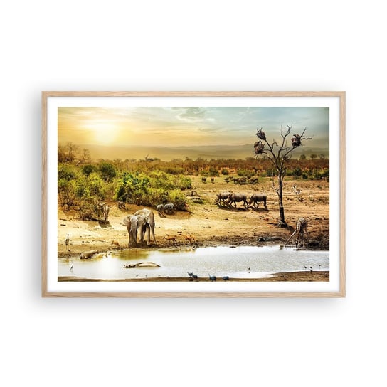 Obraz - Plakat - "Z Edenu zaś wypływała rzeka…" - 91x61cm - Sawanna Zwierzęta Afryka - Foto Plakaty na ścianę w ramie jasny dąb - Plakat do Salonu Sypialni ARTTOR ARTTOR
