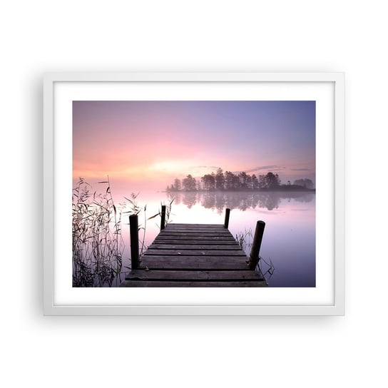 Obraz - Plakat - Z liliowej mgły... - 50x40cm - Krajobraz Wschód Słońca Jezioro - Foto Plakaty w ramie koloru białego do Salonu Sypialni ARTTOR ARTTOR