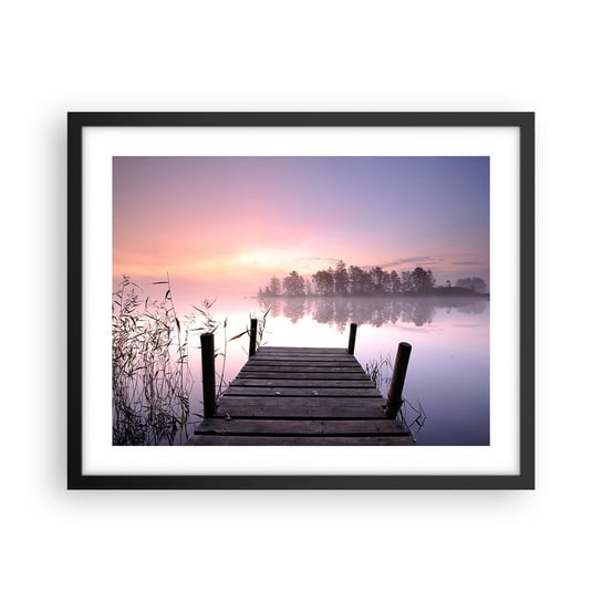 Obraz - Plakat - Z liliowej mgły... - 50x40cm - Krajobraz Wschód Słońca Jezioro - Foto Plakaty w ramie koloru czarnego do Salonu Sypialni ARTTOR ARTTOR