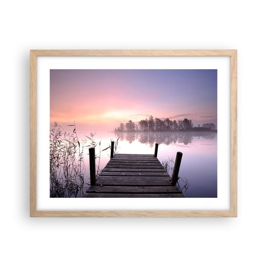 Obraz - Plakat - Z liliowej mgły... - 50x40cm - Krajobraz Wschód Słońca Jezioro - Foto Plakaty w ramie koloru jasny dąb do Salonu Sypialni ARTTOR ARTTOR