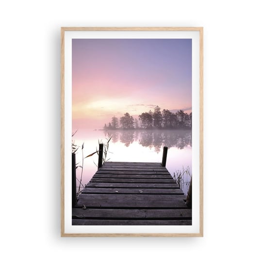 Obraz - Plakat - Z liliowej mgły... - 61x91cm - Krajobraz Wschód Słońca Jezioro - Foto Plakaty na ścianę w ramie jasny dąb - Plakat do Salonu Sypialni ARTTOR ARTTOR