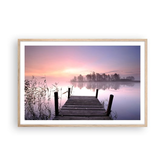 Obraz - Plakat - Z liliowej mgły... - 91x61cm - Krajobraz Wschód Słońca Jezioro - Foto Plakaty na ścianę w ramie jasny dąb - Plakat do Salonu Sypialni ARTTOR ARTTOR