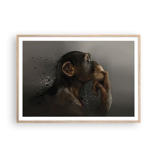 Obraz - Plakat - Z pewnością myśliciel - 100x70cm - Zwierzęta Małpa Sztuka - Foto Plakaty w ramie koloru jasny dąb do Salonu Sypialni ARTTOR ARTTOR