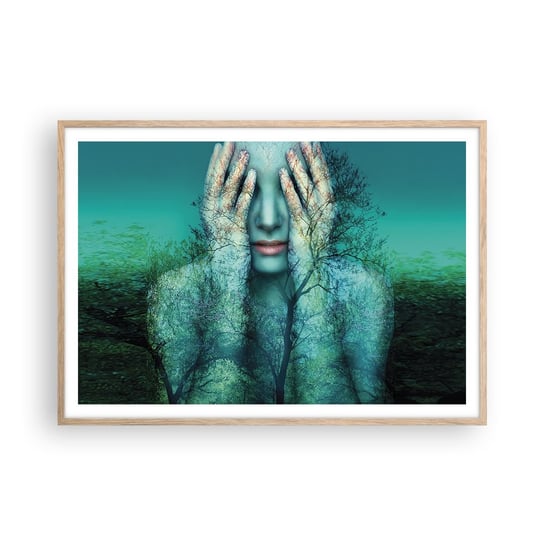 Obraz - Plakat - Zanurzona w błękicie - 100x70cm - Abstrakcja Kobieta Natura - Foto Plakaty w ramie koloru jasny dąb do Salonu Sypialni ARTTOR ARTTOR