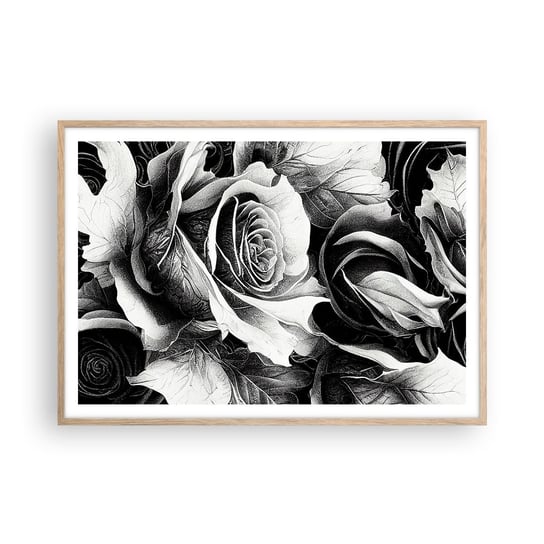 Obraz - Plakat - Zawsze królowa - 100x70cm - Kwiaty Róże Czarno-Biały - Foto Plakaty w ramie koloru jasny dąb do Salonu Sypialni ARTTOR ARTTOR
