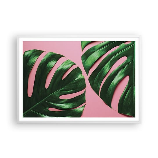 Obraz - Plakat - Zielone rendez-vous - 100x70cm - Monstera Zielony Liść Roślina Egzotyczna - Foto Plakaty w ramie koloru białego do Salonu Sypialni ARTTOR ARTTOR