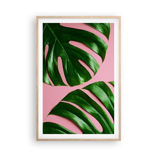 Obraz - Plakat - Zielone rendez-vous - 61x91cm - Monstera Zielony Liść Roślina Egzotyczna - Foto Plakaty na ścianę w ramie jasny dąb - Plakat do Salonu Sypialni ARTTOR ARTTOR