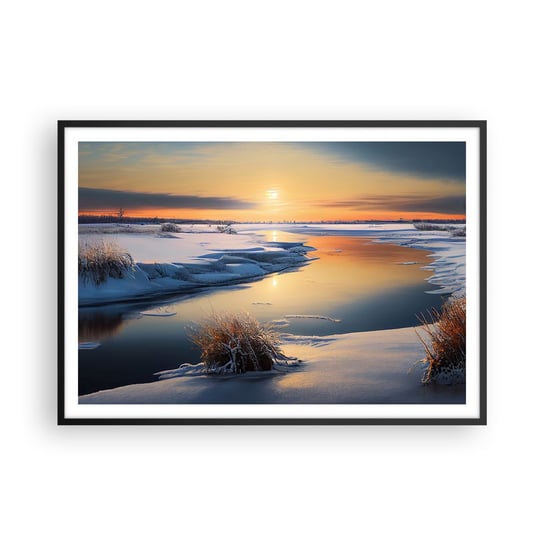 Obraz - Plakat - Zimowy zachód słońca - 100x70cm - Zima Rzeka Krajobraz - Foto Plakaty w ramie koloru czarnego do Salonu Sypialni ARTTOR ARTTOR